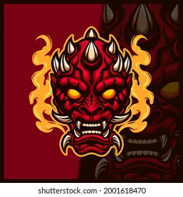 Oni Mask Face head mascot esport logo design illustrations vector template, Evil monster logo for team game streamer. full color cartoon style