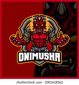 Oni Mask Face mascot esport logo design illustrations vector template, Evil monster logo for team game streamer, full color cartoon style