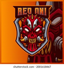 Oni Mask Face mascot esport logo design illustrations vector template, Robotic Evil logo for team game streamer. full color cartoon style