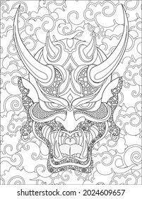 Oni Mask Facing Forward With Cloudy Background Colorless Line Drawing. Japanese Demon Face Disguise With Horns Coloring Book Page.