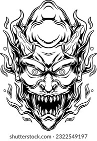 Oni mask with fierce expression, with fire effect, mascot illustration