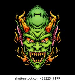 Oni mask with fierce expression, with fire effect, mascot illustration