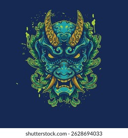 oni mask with floral ornament artwork illustration