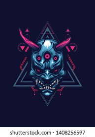 Oni mask. hannya mask. japan mask with sacred geometry pattern