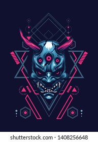 Oni mask. hannya mask. japan mask with sacred geometry pattern