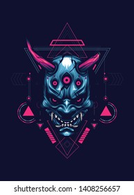 Oni mask. hannya mask. japan mask with sacred geometry pattern