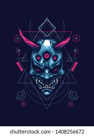 Oni mask. hannya mask. japan mask with sacred geometry pattern