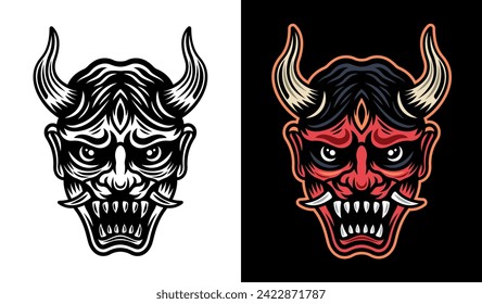 Oni mask with horns vector illustration in two styles monochrome on white and colorful on dark background