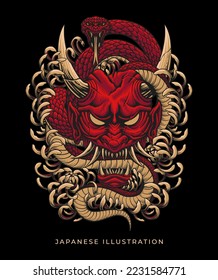 Diseño de la ilustración de la máscara Oni con estilo de arte oscuro