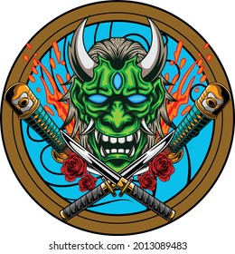 Oni mask illustration with japanese style drawing