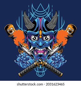 Oni mask illustration with japanese style drawing
