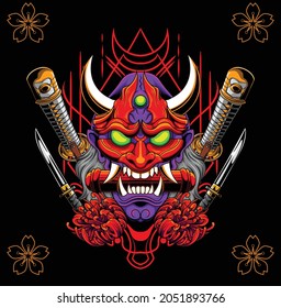 Oni mask illustration with japanese style drawing