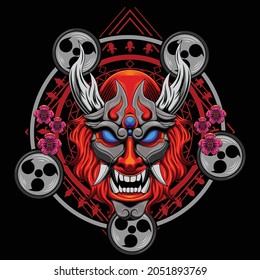 Oni mask illustration with japanese style drawing