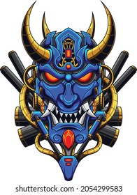 Oni mask illustration with mechanical robotic drawing style