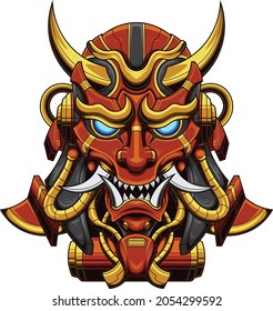Oni mask illustration with mechanical robotic drawing style