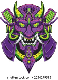 Oni mask illustration with mechanical robotic drawing style