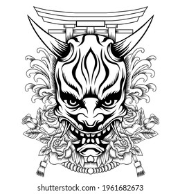 Oni mask illustration tattoo style in black and white