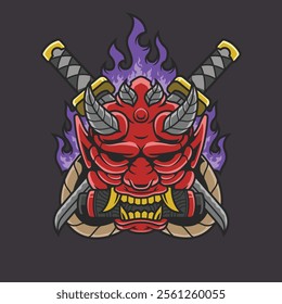 An Oni mask illustration with two crossed Wakizashi and glowing purple flames in the background. Perfect for Japanese-inspired designs, tattoos, or gaming art.