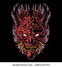 oni mask japan with flames background