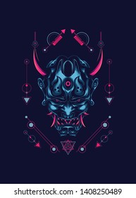 Oni mask japan with sacred geometry pattern