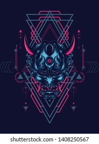 Oni mask japan with sacred geometry pattern