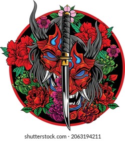 Premium Vector  Oni sketch illustration with ninja mask and mandala tattoo