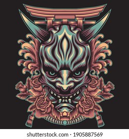 oni mask with japanese ornament illustration