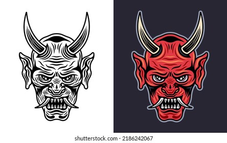 Oni mask japanese tattoo of demon face with horns vector illustration in two styles monochrome on white and colorful on dark background