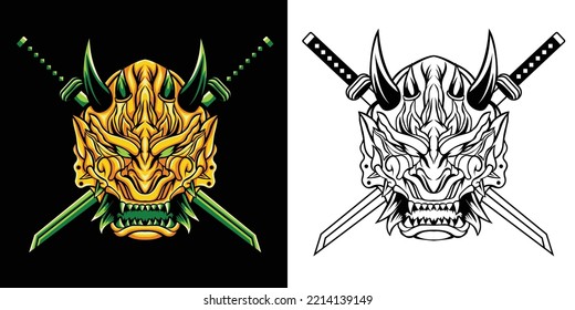 oni mask with katana vector illustration