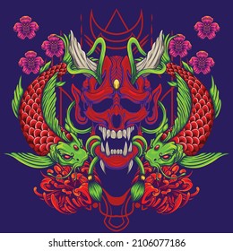 Oni mask and koi fish illustration with premium quality stock vector