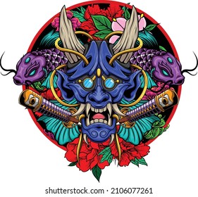 Oni mask and koi fish illustration with premium quality stock vector