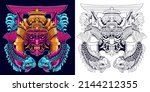 oni mask with koi fish and tori gate vector illustration in detailed style
