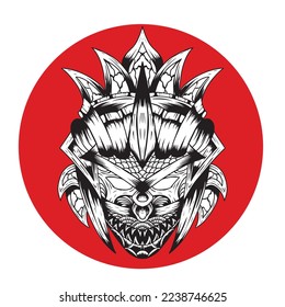 Oni mask line art, kabuki ancient, history tradition, monster hallowen, evil culture, traditional japan mask, silhouette oni.