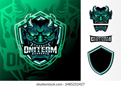 Oni Mask Logo eSport With Shield. Logo Gaming Team. Ghost Vector With Costume Name