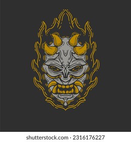 oni mask on fire illustration hand drawn vector vintage for t shirt and apparel. oni mask symbol logo retro