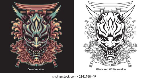 oni mask with roses and tori gate vecor illustration