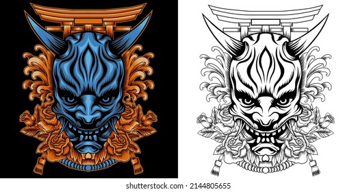 Oni mask with roses, tori gate, and japanese ornament. vector illustration