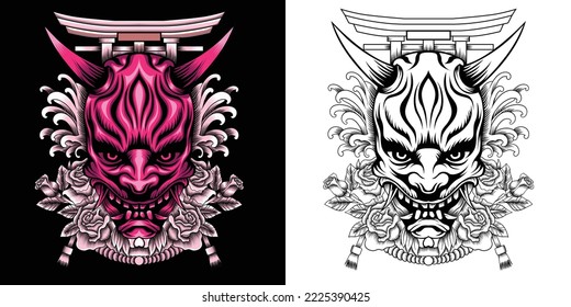 oni mask with roses and tori gate illustration