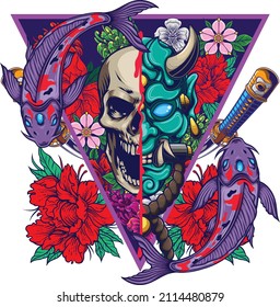 Oni mask and skull illustration with japanese style drawing 
