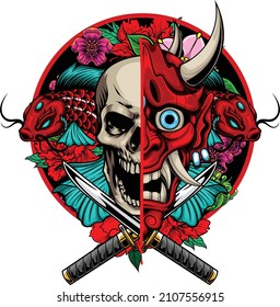 Oni mask and skull illustration with premium quality stock vector