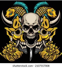 Oni mask and skull illustration with premium quality stock vector