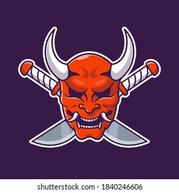 Oni Mask With Sword Cartoon Vector Icon Illustration. Skull Mask Icon Concept Isolated Premium Vector. Flat Cartoon Style