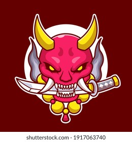 Oni Mask With Sword Cartoon Vector Icon Illustration. Art Object Icon Concept Isolated Premium Vector. Flat Cartoon Style