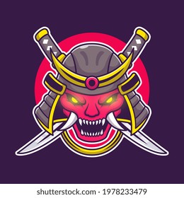 Oni Mask With Sword Cartoon Vector Icon Illustration. Art Object Icon Concept Isolated Premium Vector. Flat Cartoon Style