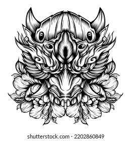 Oni mask tattoo vector design illustration art with flowers