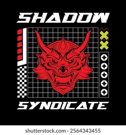 oni mask t-shirt vector design with text "shadow syndicate" streetwear and Urban style on black background