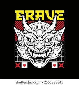 oni mask t-shirt vector design with text "brave". streetwear and Urban style on black background