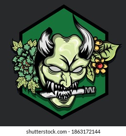 Oni Mask Vector Illustration With Flower
