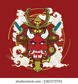 oni mask vector illustration with japanese background