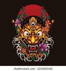 oni mask with waves and flowers ornament vector illustration
